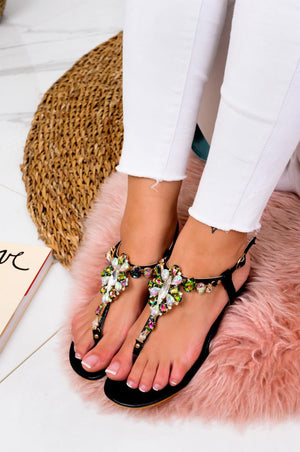 Black jeweled thong sandals with low heel
