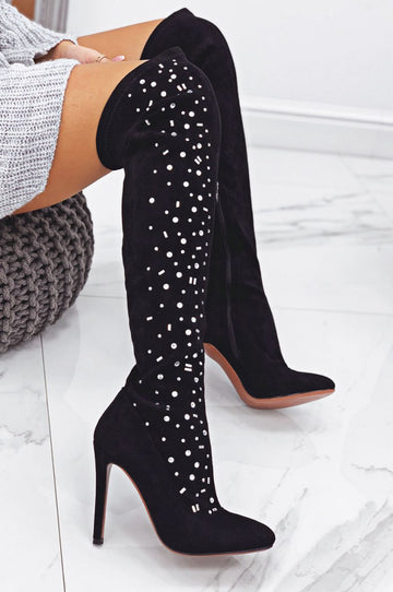 Black thigh-high boots with high heels and rhinestones