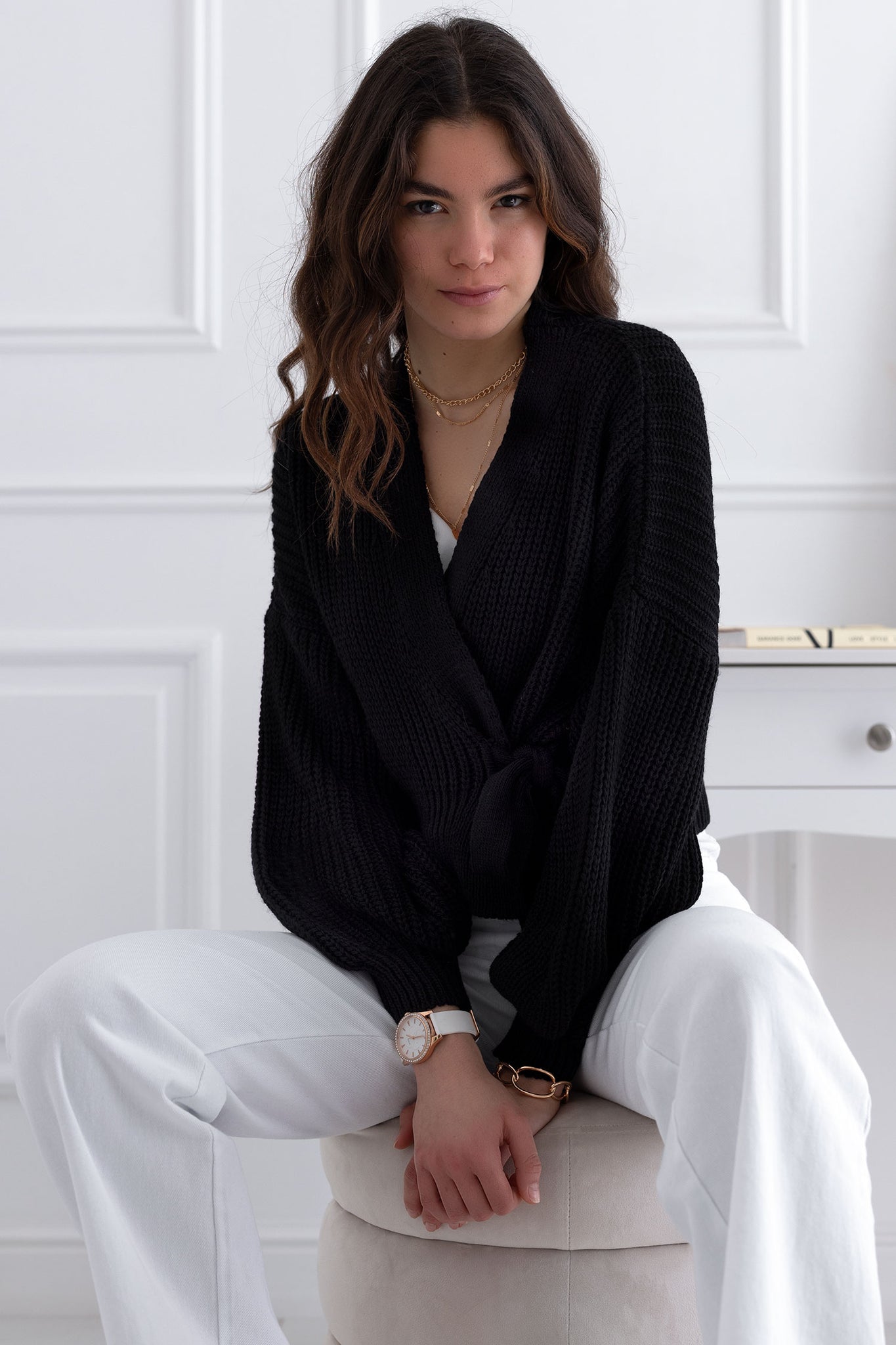 Black wrap sweater with tie
