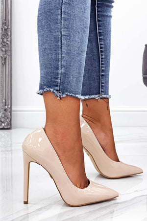 Beige patent leather pumps with high heel