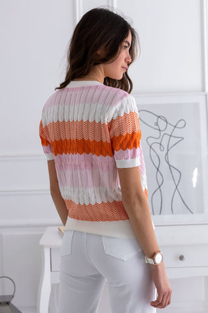 Multicolor short-sleeve zigzag sweater
