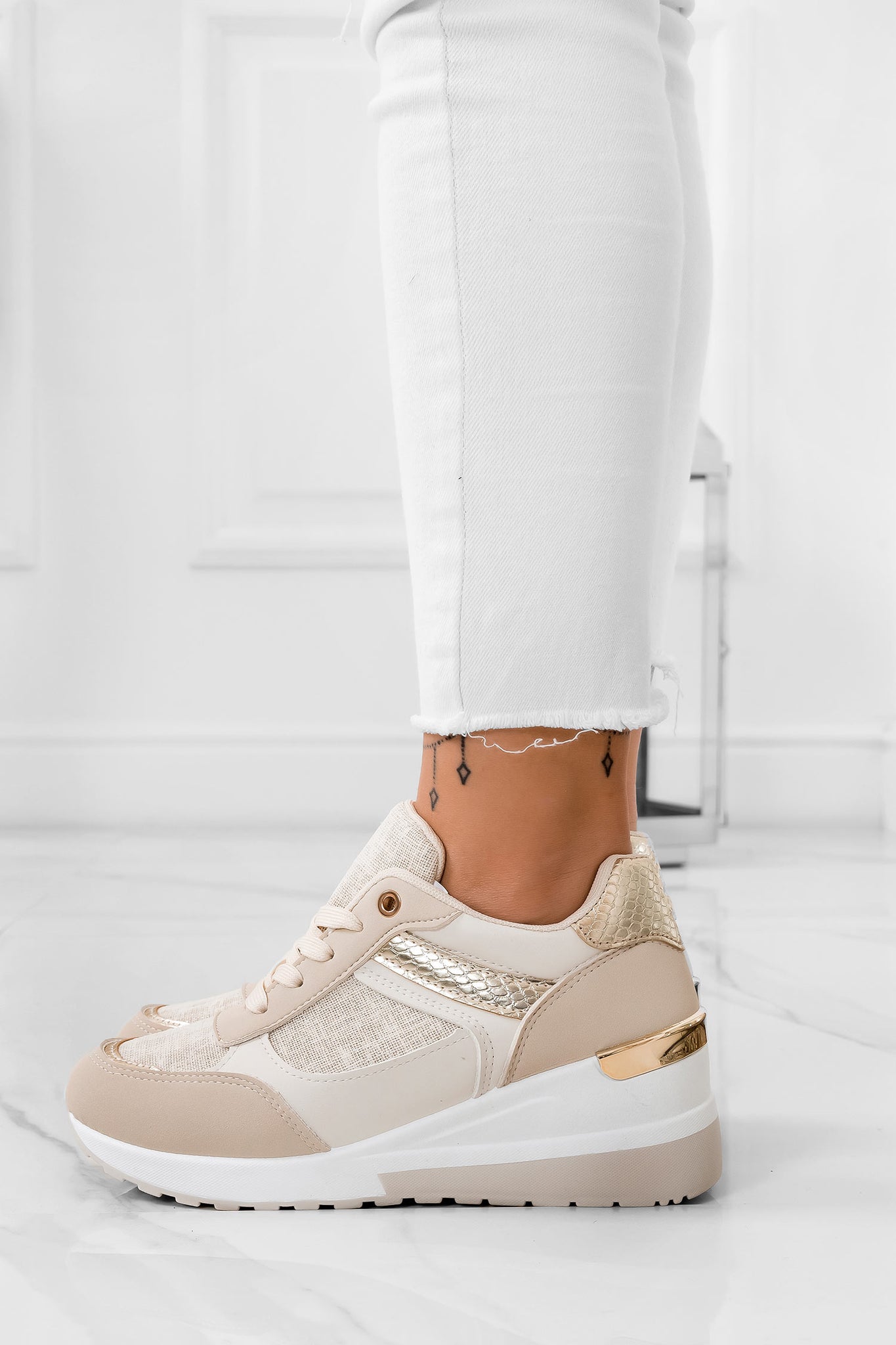 Beige and gold wedge sneakers