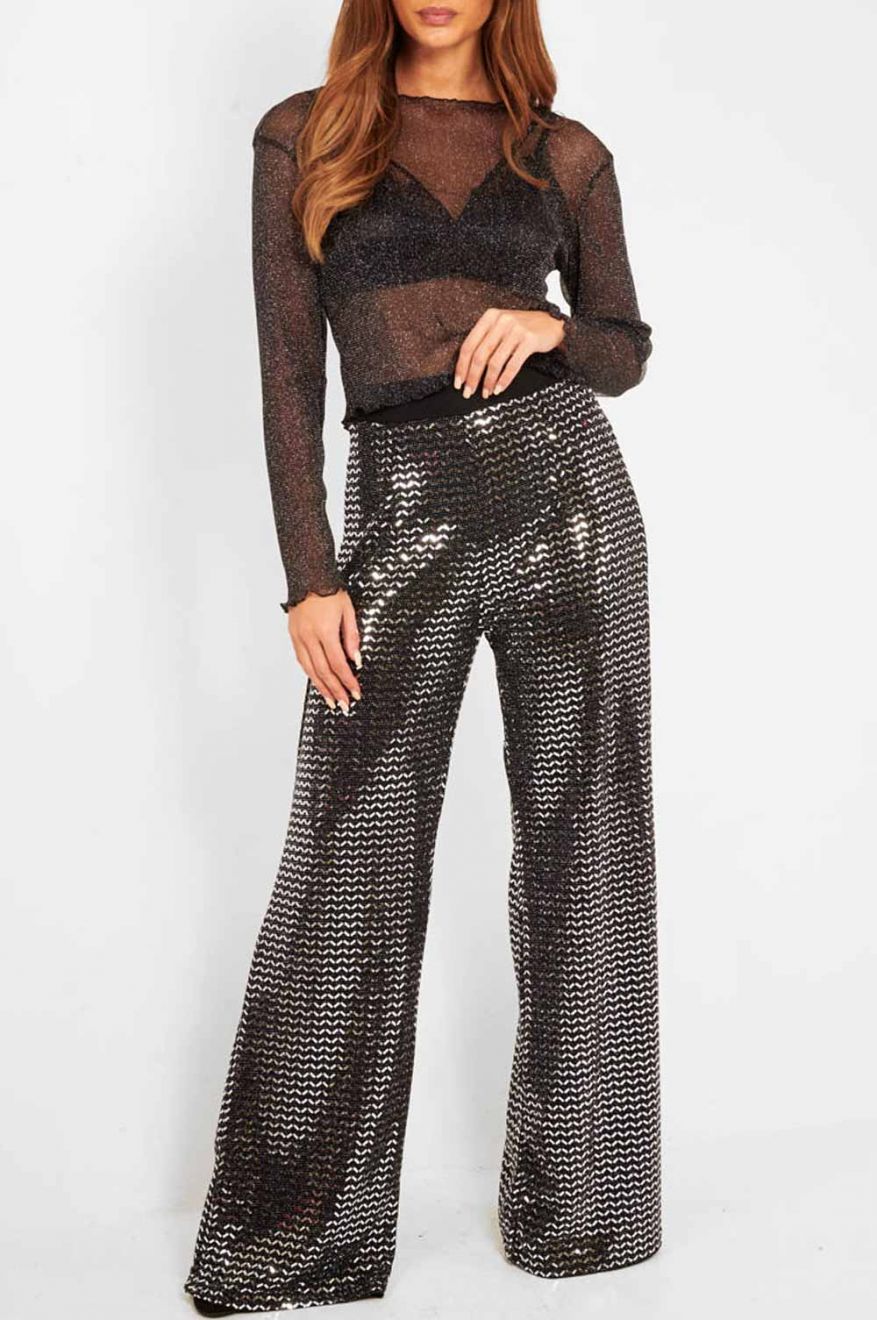 Pantalone a palazzo con paillettes Nero