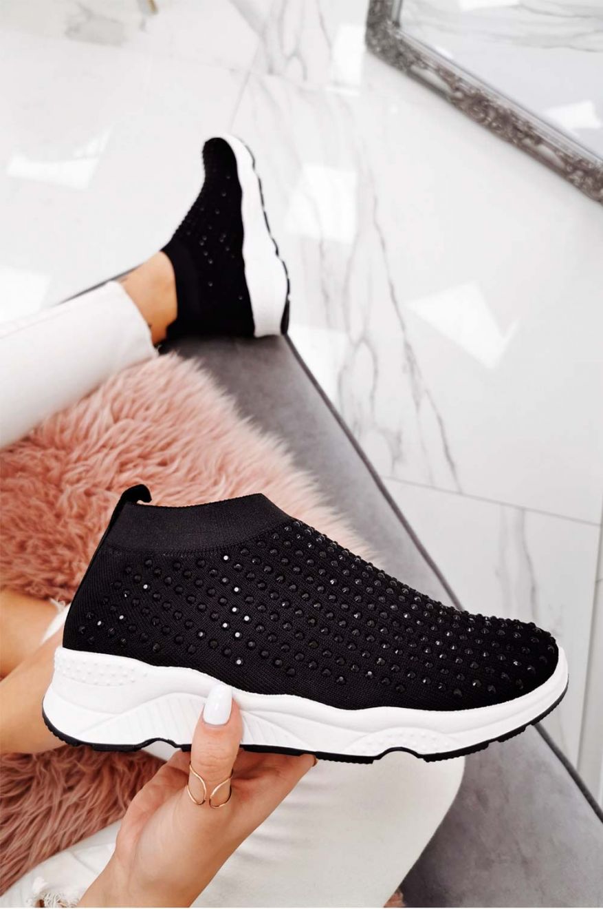 Baskets noires en tissu élastique et strass