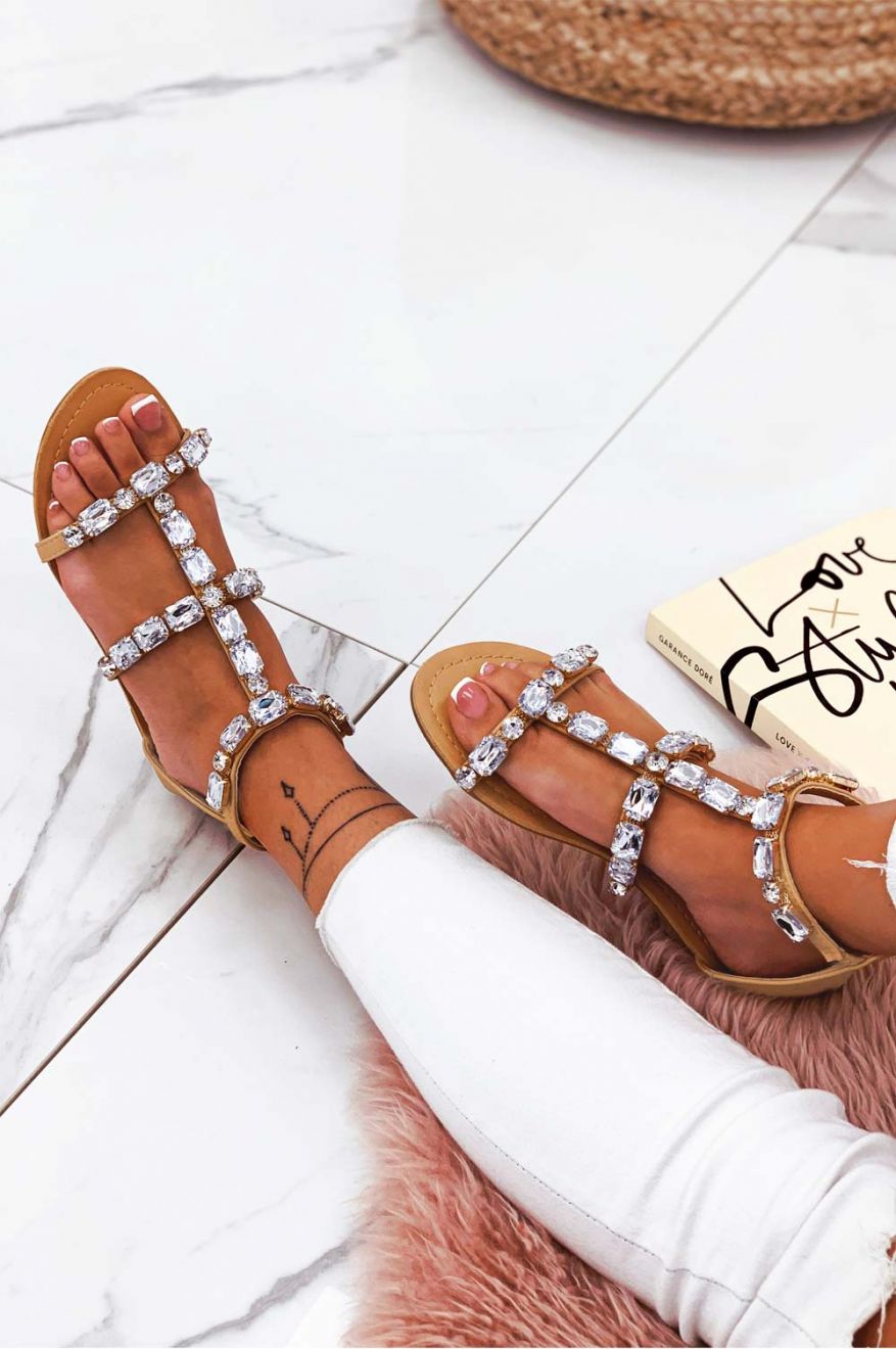 Beige jeweled flat sandals
