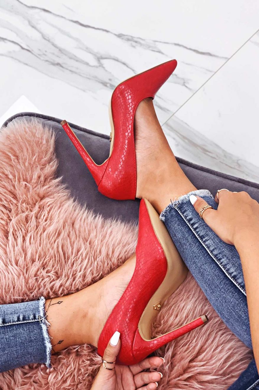 Red python-effect high heel pumps