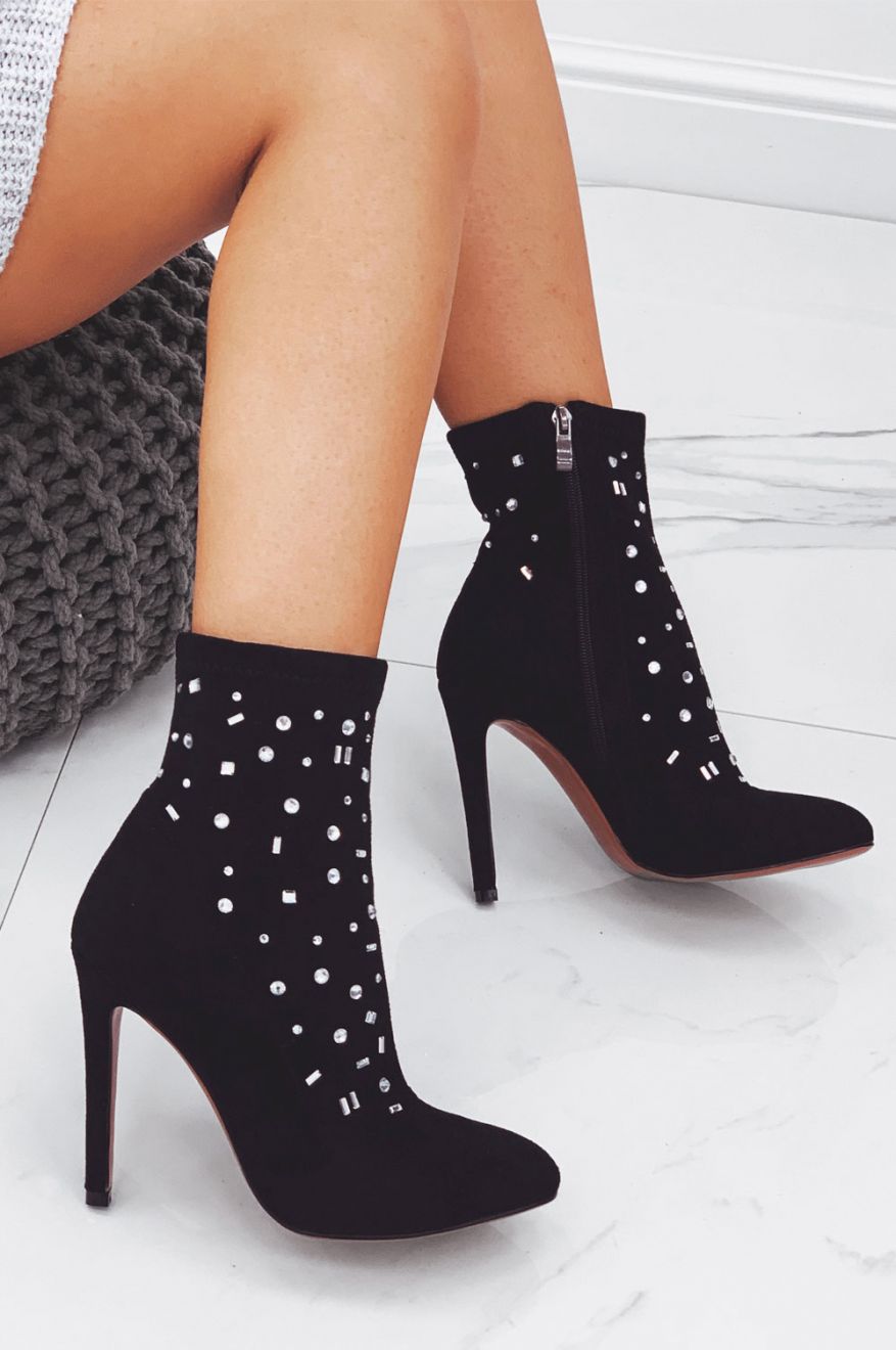 Black ankle boots with high heels and rhinestones