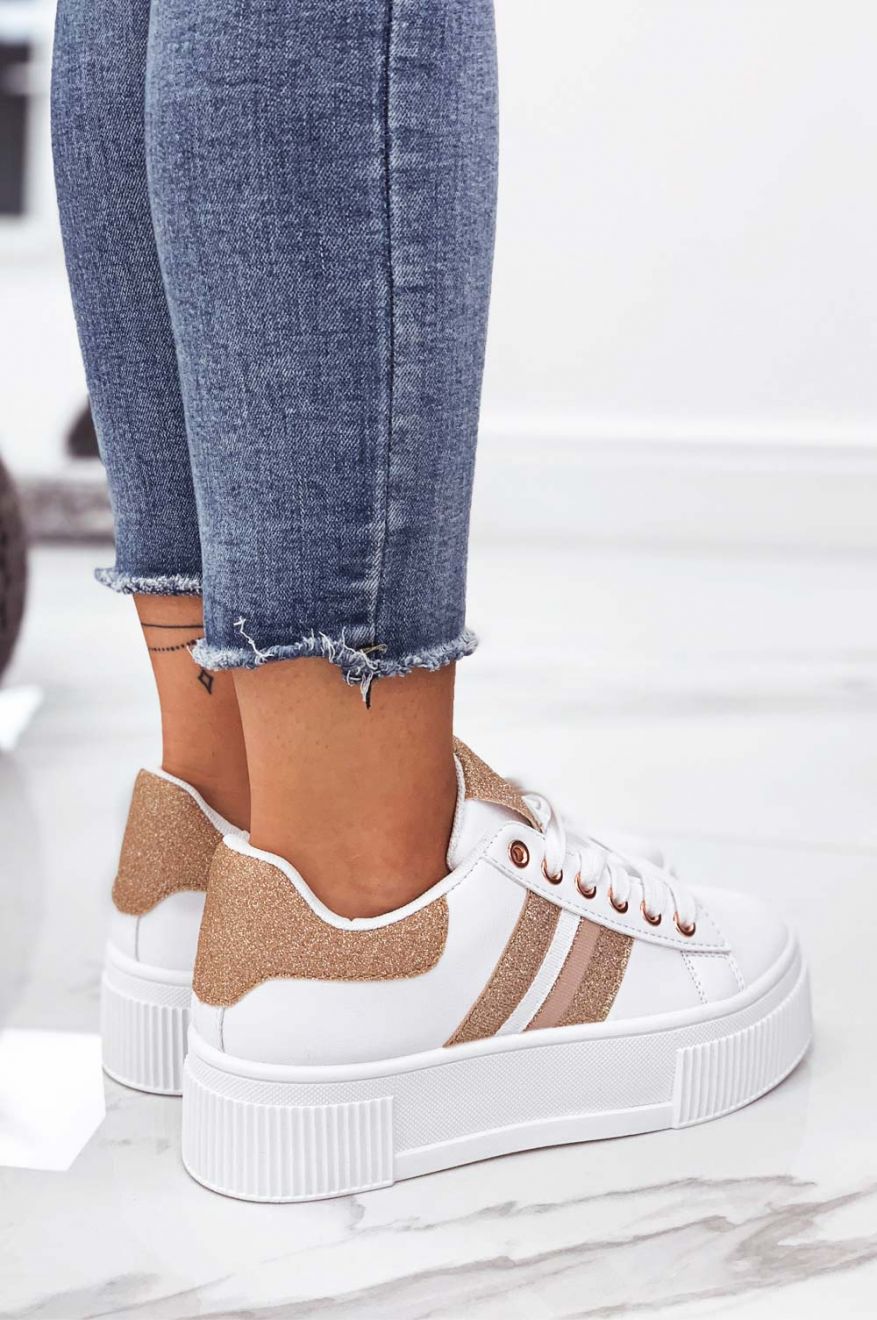 White sneakers with laces and rose gold glitter inserts