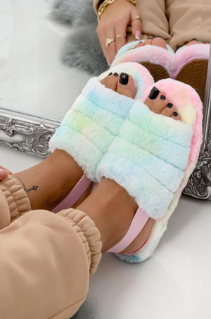 DAINA - Rainbow faux fur slide sandals with elastic