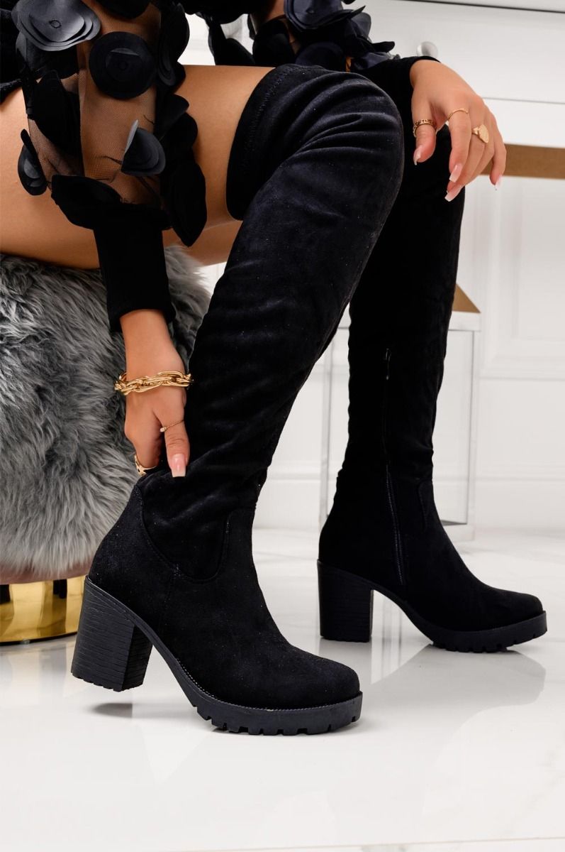 Black suede over-the-knee boots with comfortable heel