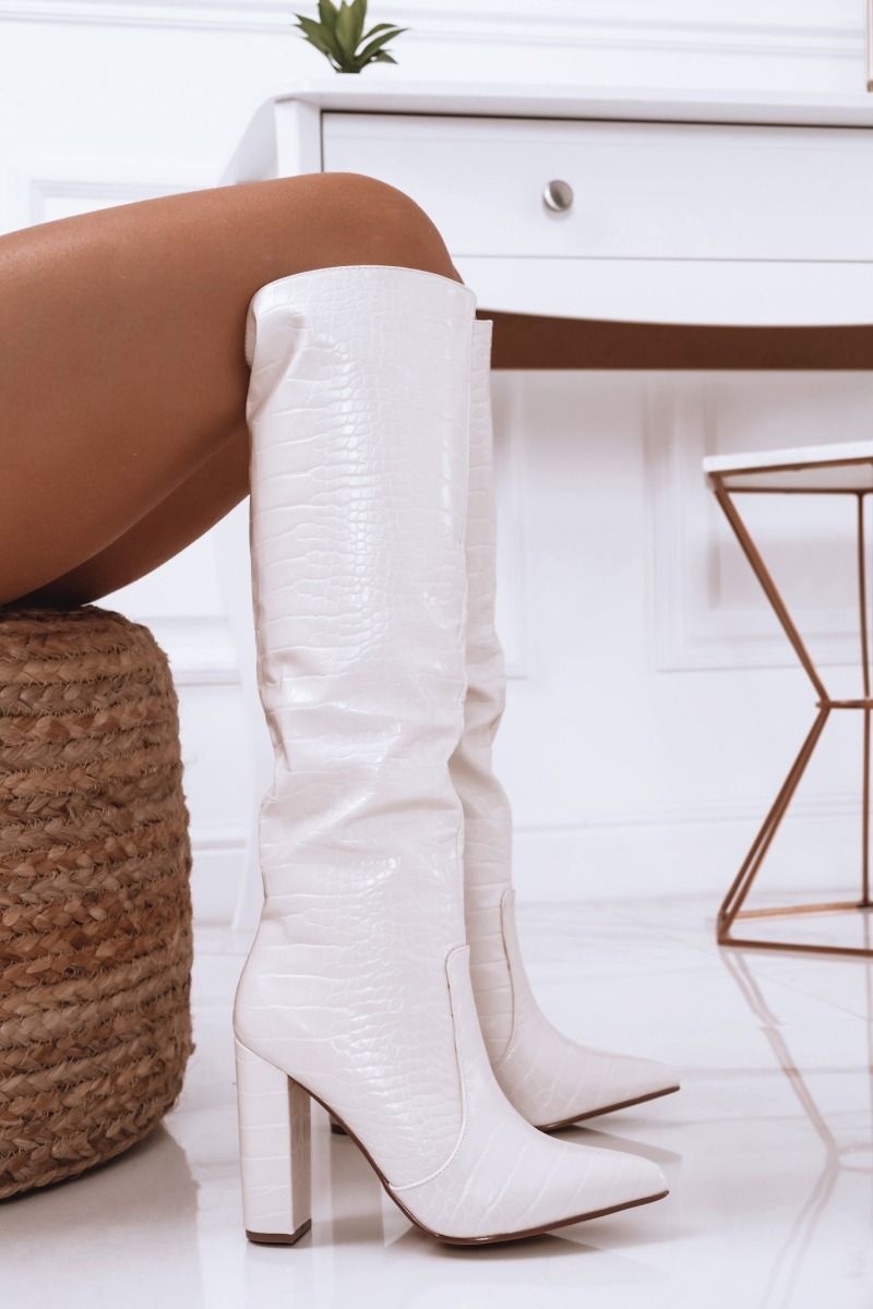 Jill - White crocodile print heeled boots