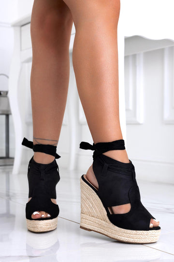 Black wedge espadrille sandals with laces