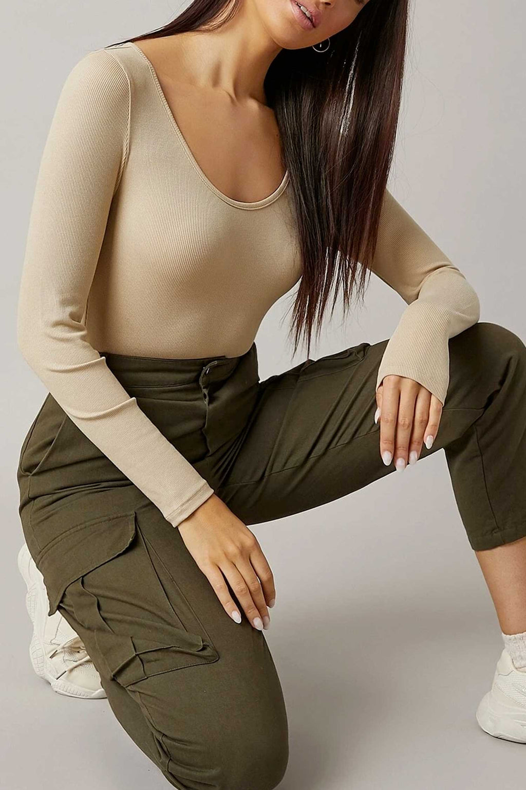 Maglia body beige maniche lunghe a costine