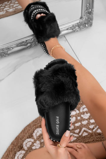 BAMBI - Black slip-on sandals with faux fur