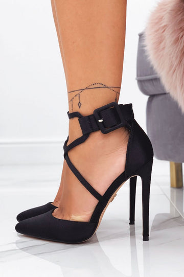 Black satin high-heeled pumps