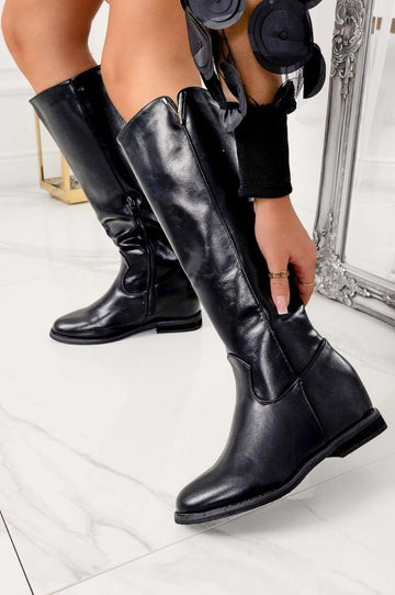 Black mid-calf boots with internal wedge