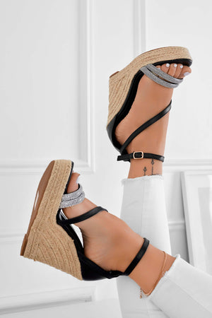 DEEP - Sandali espadrillas con zeppa neri e fasce gioiello