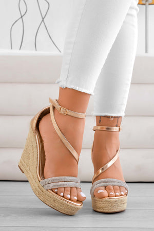 DEEP - Wedge espadrille sandals in rose gold with jeweled straps