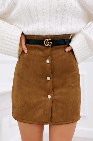 Skirt with gold buttons in Camel suede fabric