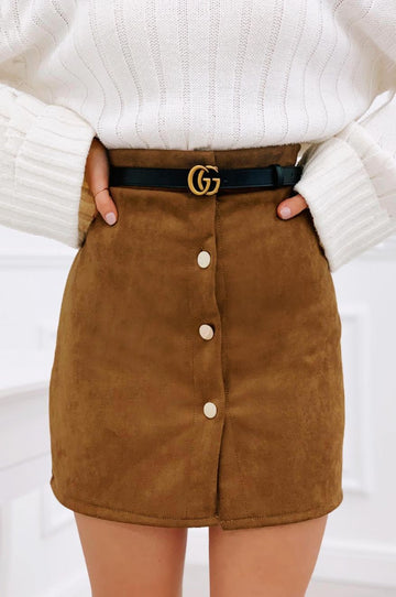 Skirt with gold buttons in Camel suede fabric
