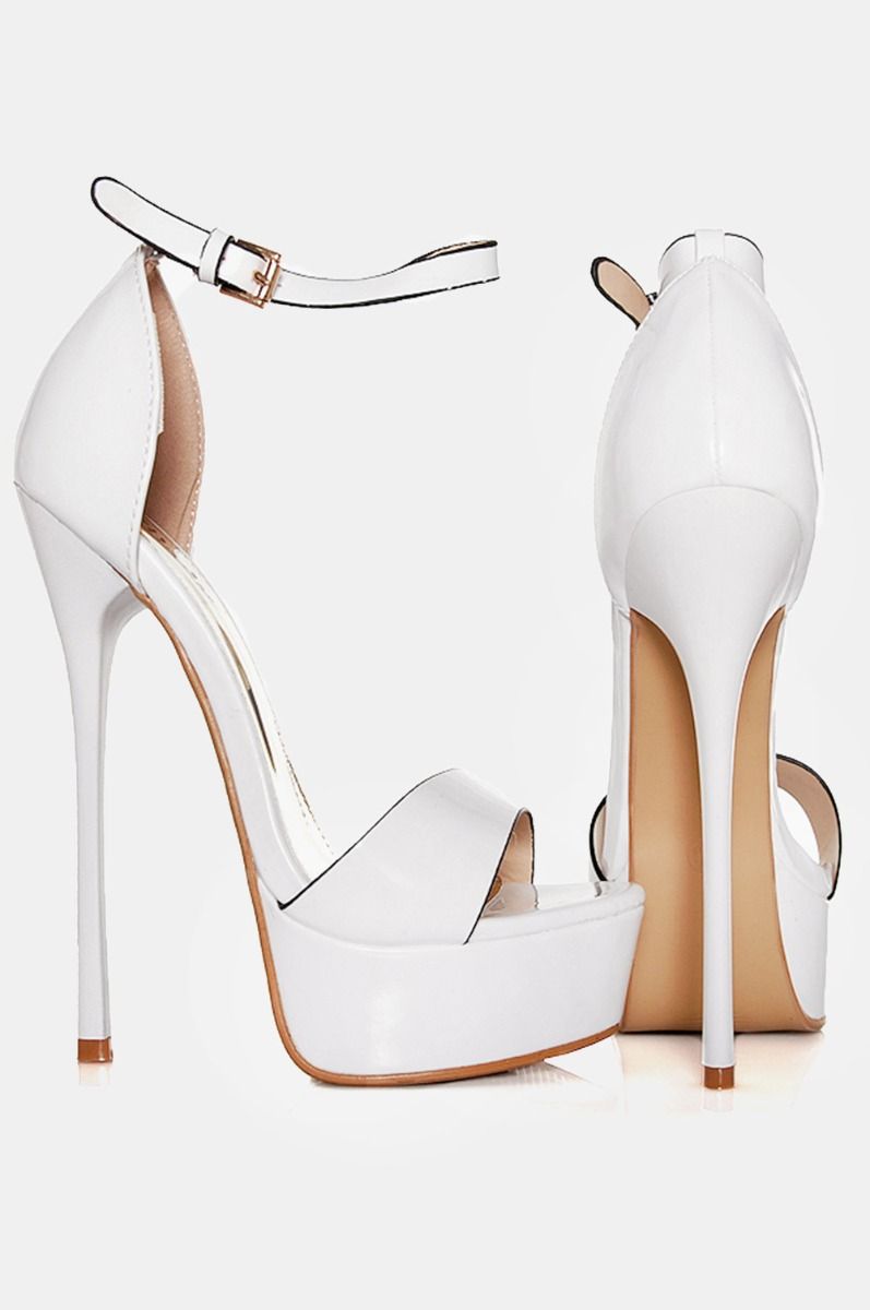 White high-heeled patent sandals