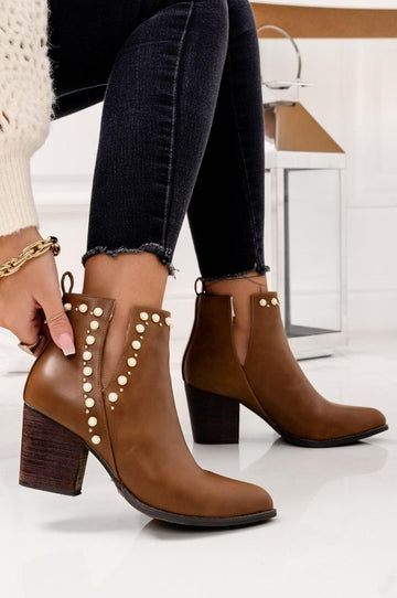 Camel ankle boots with pearls and comfortable heel