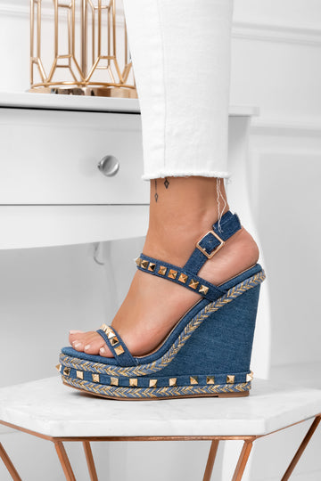 Blue denim sandals with wedge heel and gold studs