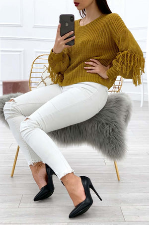 Sweater with balloon sleeves and fringes Mustard Yellow