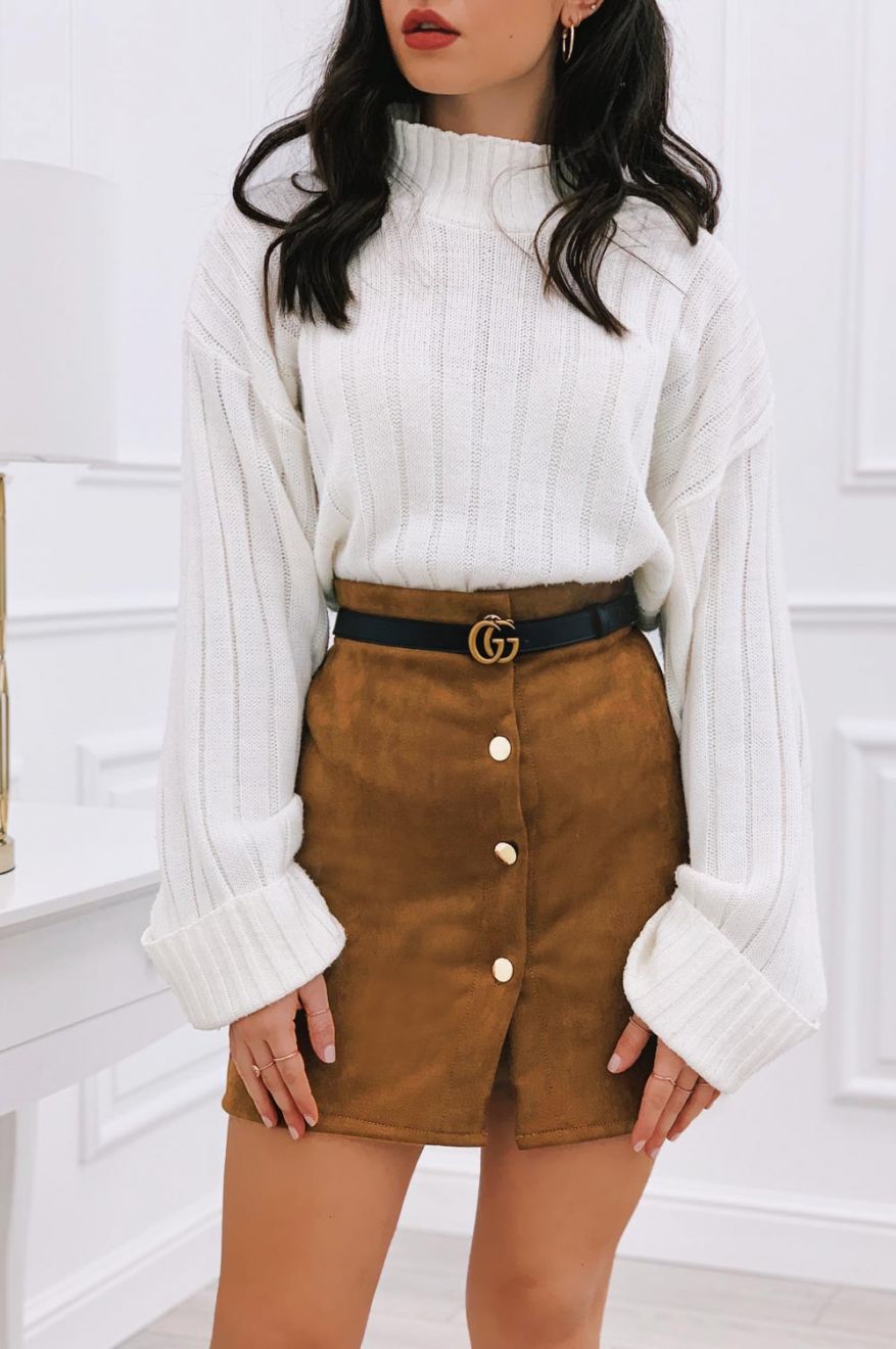 Skirt with gold buttons in Camel suede fabric