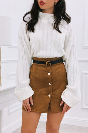 Skirt with gold buttons in Camel suede fabric