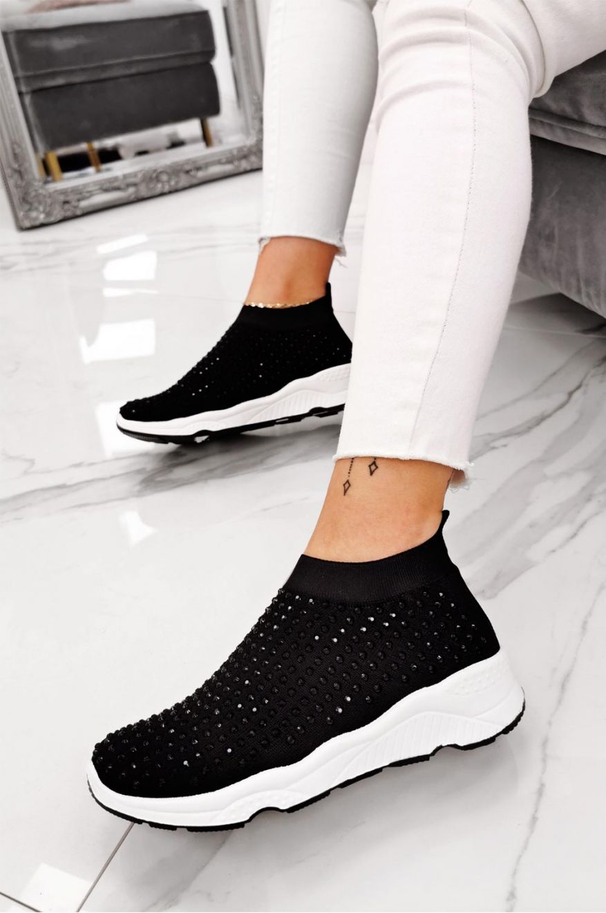 Black sneakers in stretch fabric with rhinestones