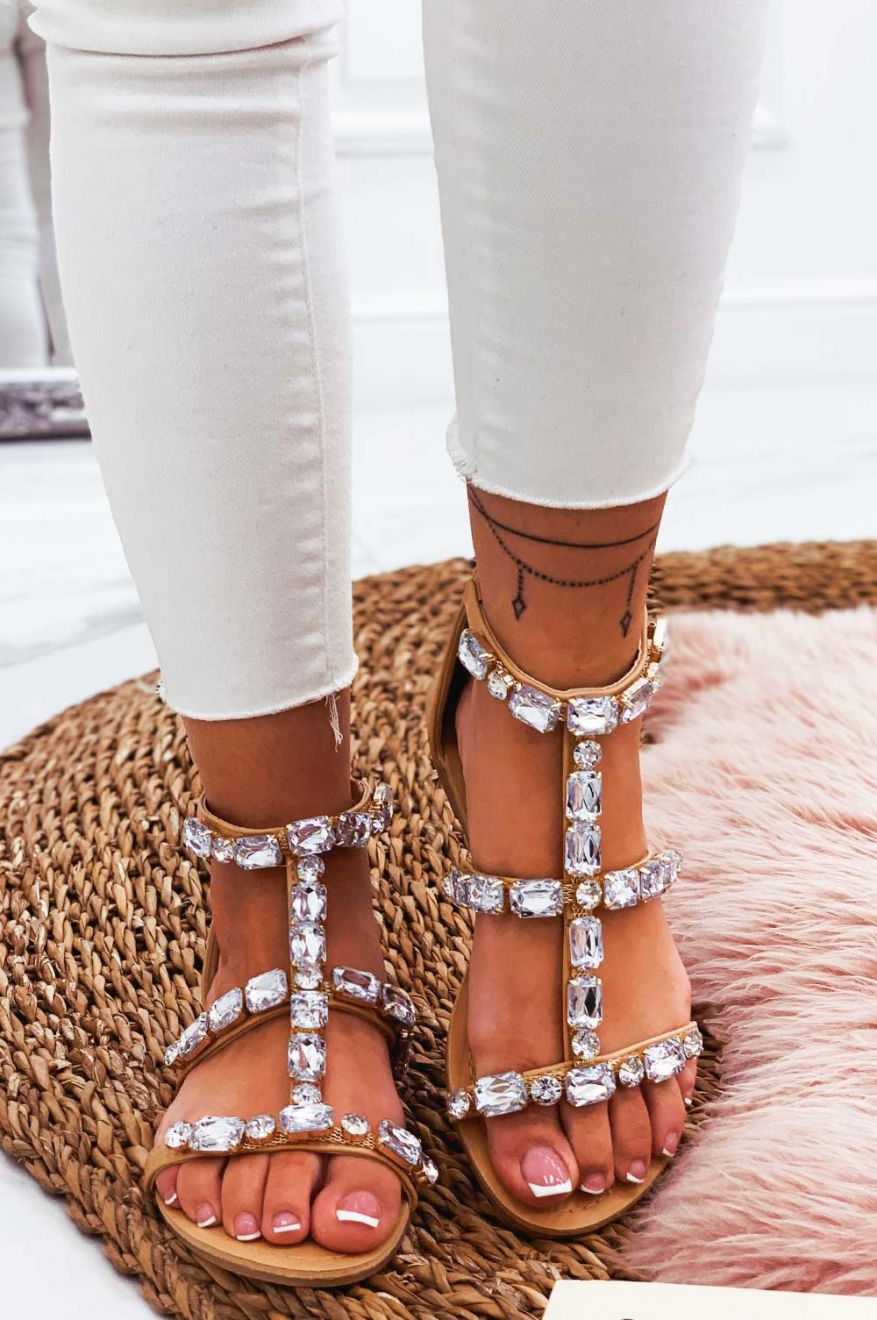Beige jeweled flat sandals