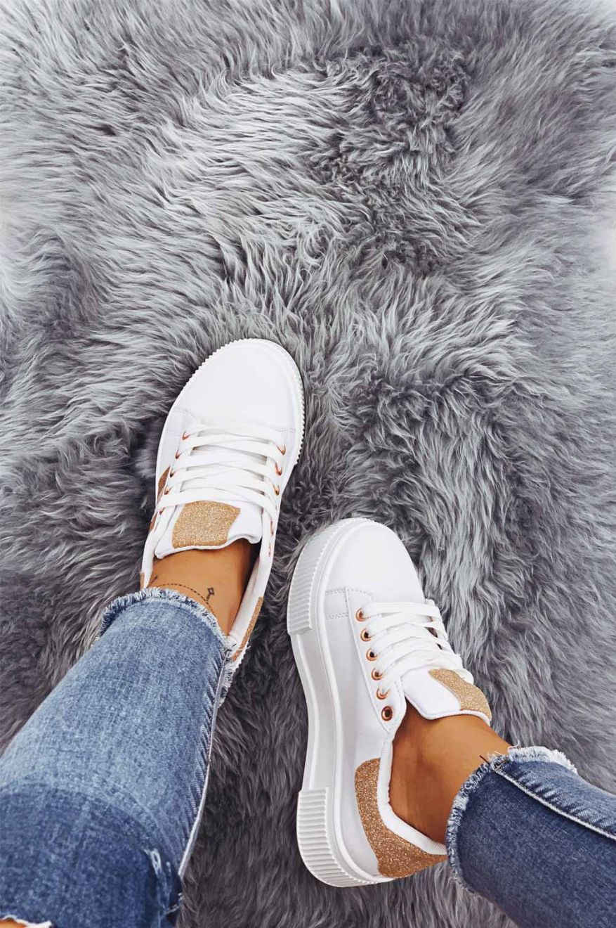 White sneakers with laces and rose gold glitter inserts