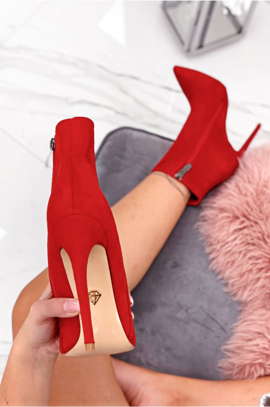 Red suede ankle boots with high heel