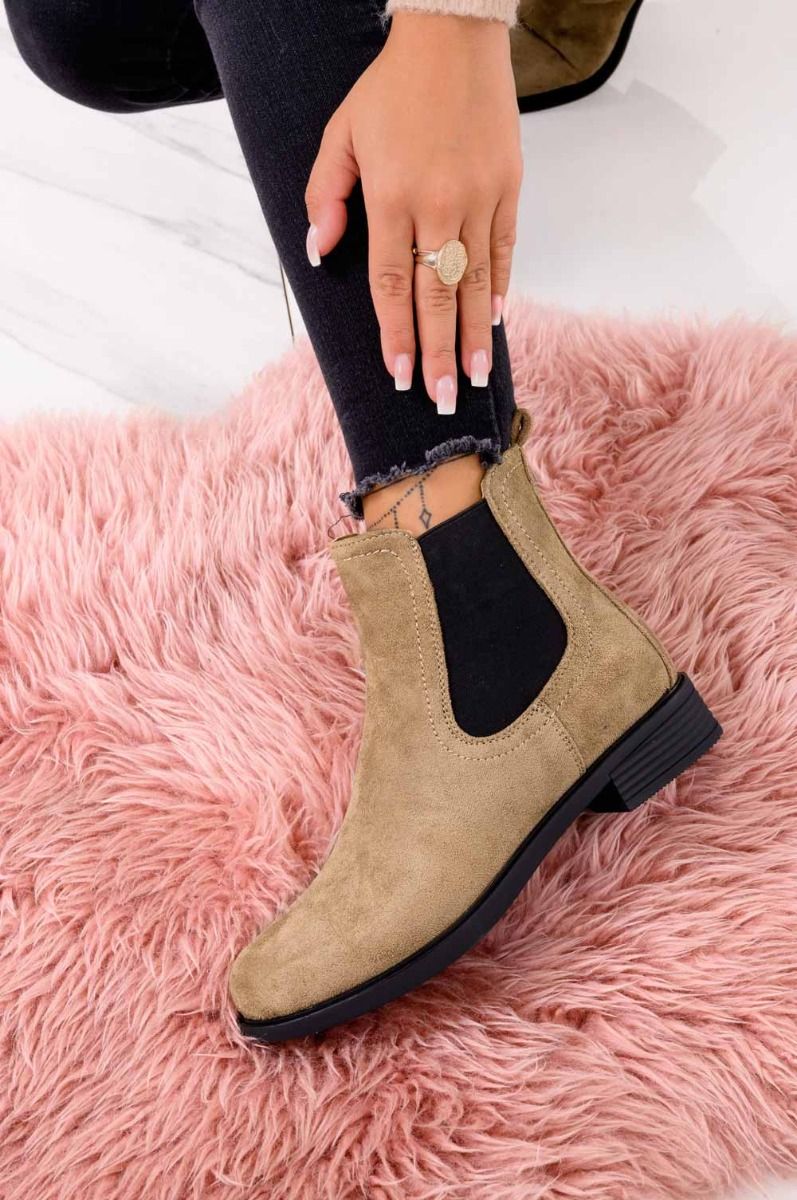 Low suede ankle boots in mud color with side elastic