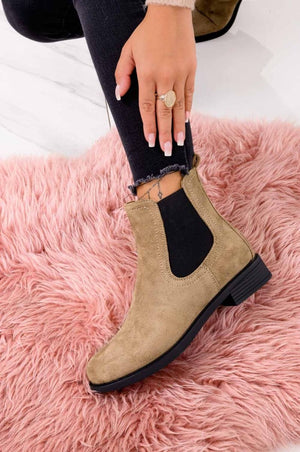 Low suede ankle boots in mud color with side elastic