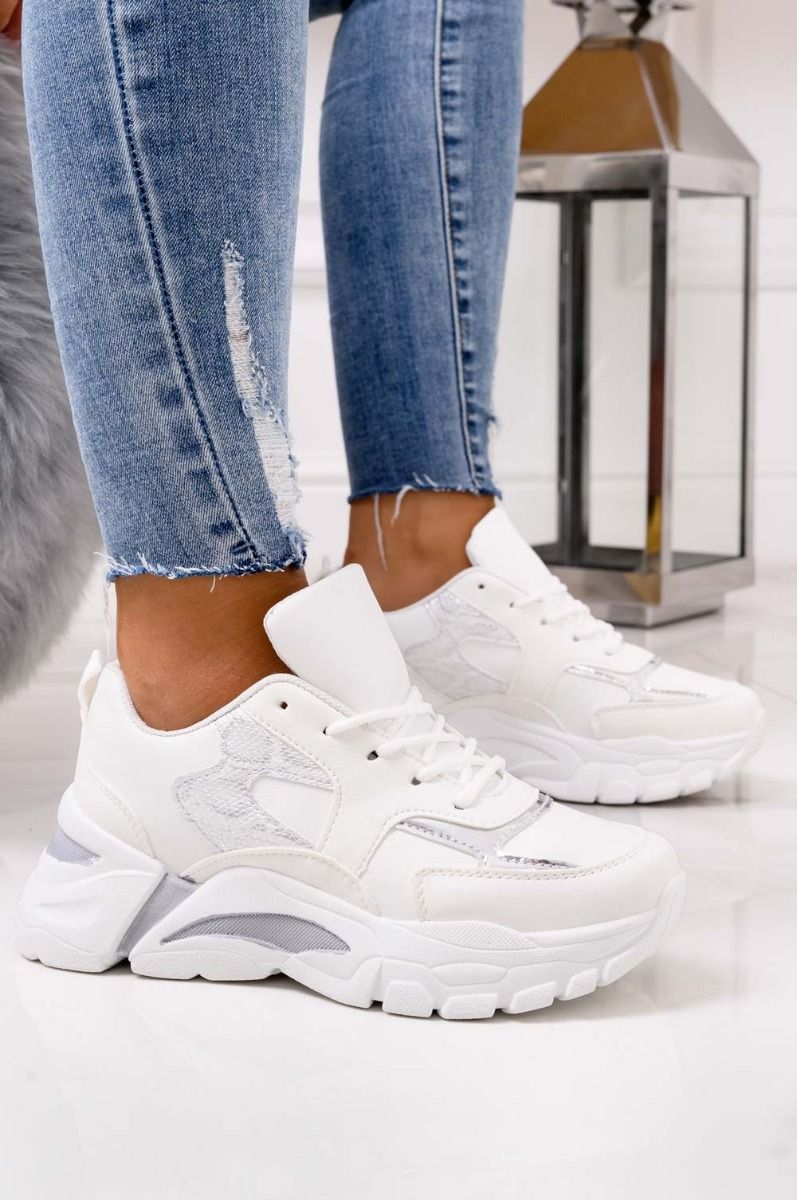 White sneakers with thick sole and silver python-effect inserts