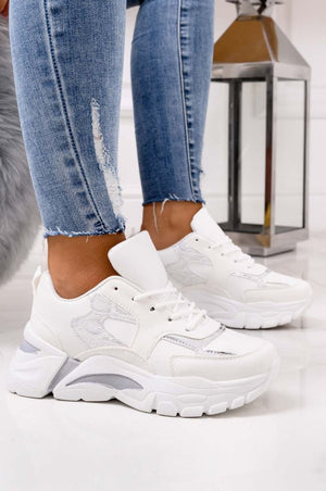 White sneakers with thick sole and silver python-effect inserts