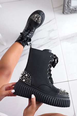 Black Alexoo ankle boots with studs and rhinestones