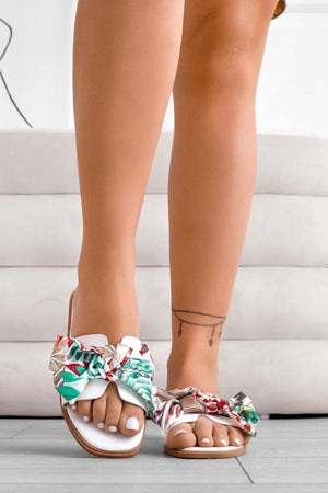 White patterned slide sandals