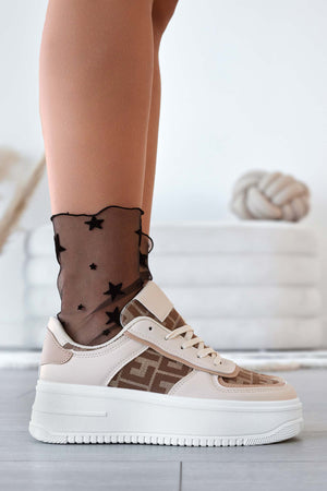 Beige sneakers with patterned fabric inserts