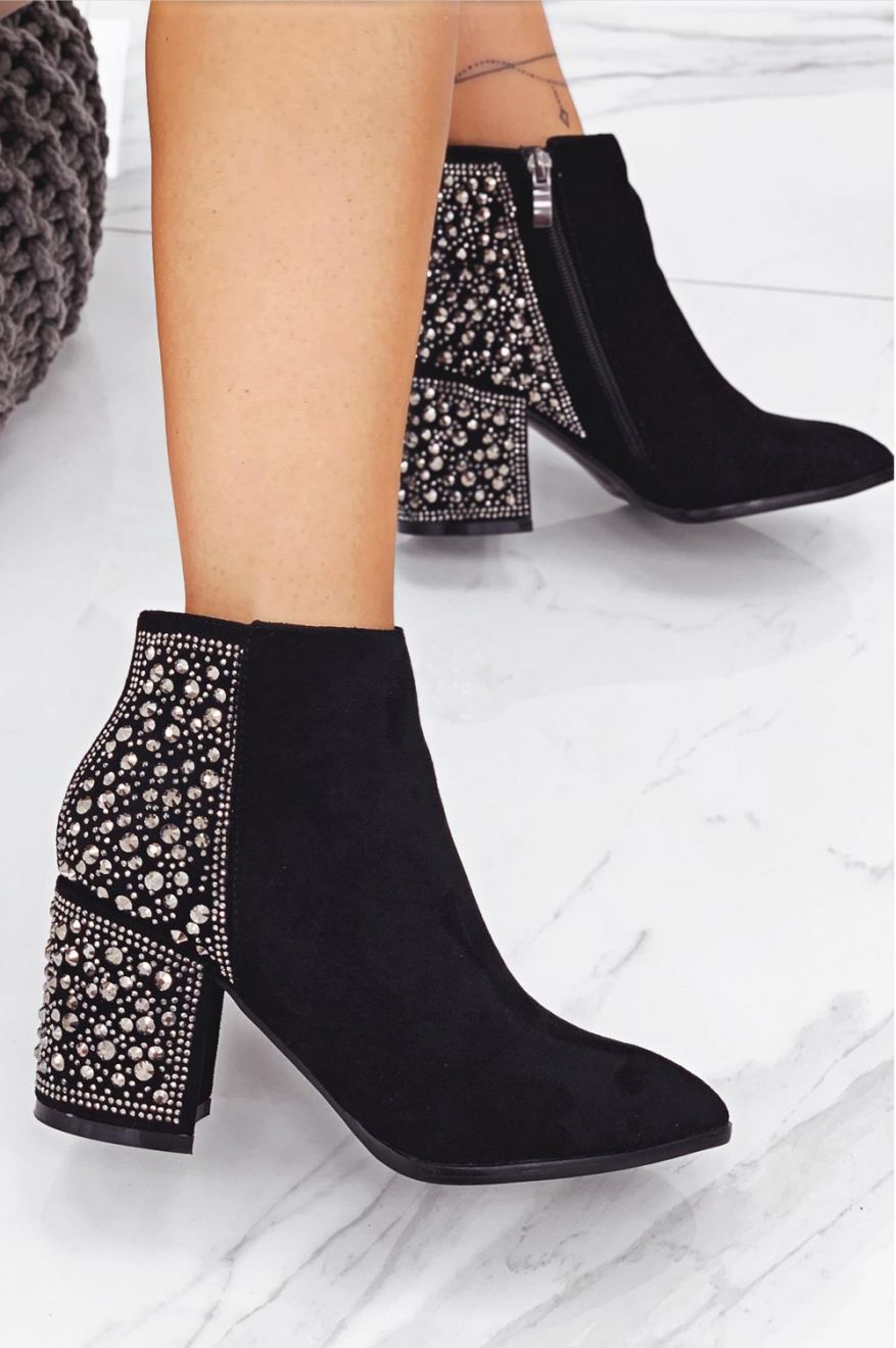 Black ankle boots with jeweled rhinestones