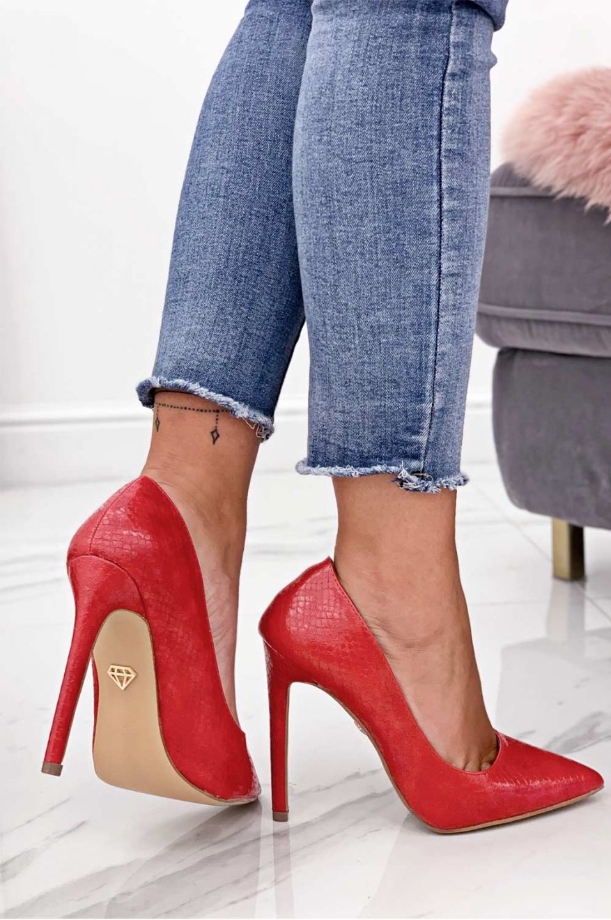 Red python-effect high heel pumps