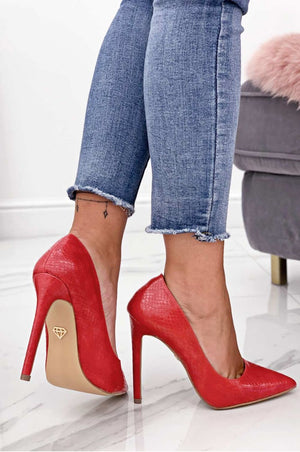 Red python-effect high heel pumps