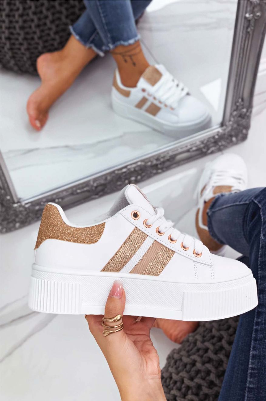 White sneakers with laces and rose gold glitter inserts