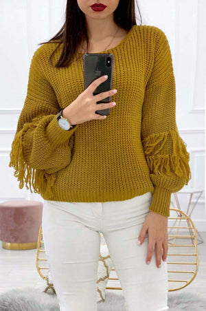 Sweater with balloon sleeves and fringes Mustard Yellow