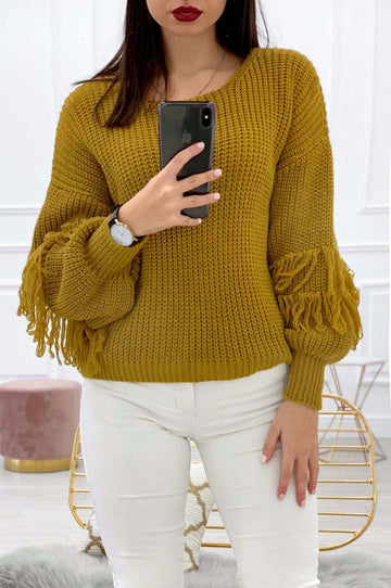 Sweater with balloon sleeves and fringes Mustard Yellow