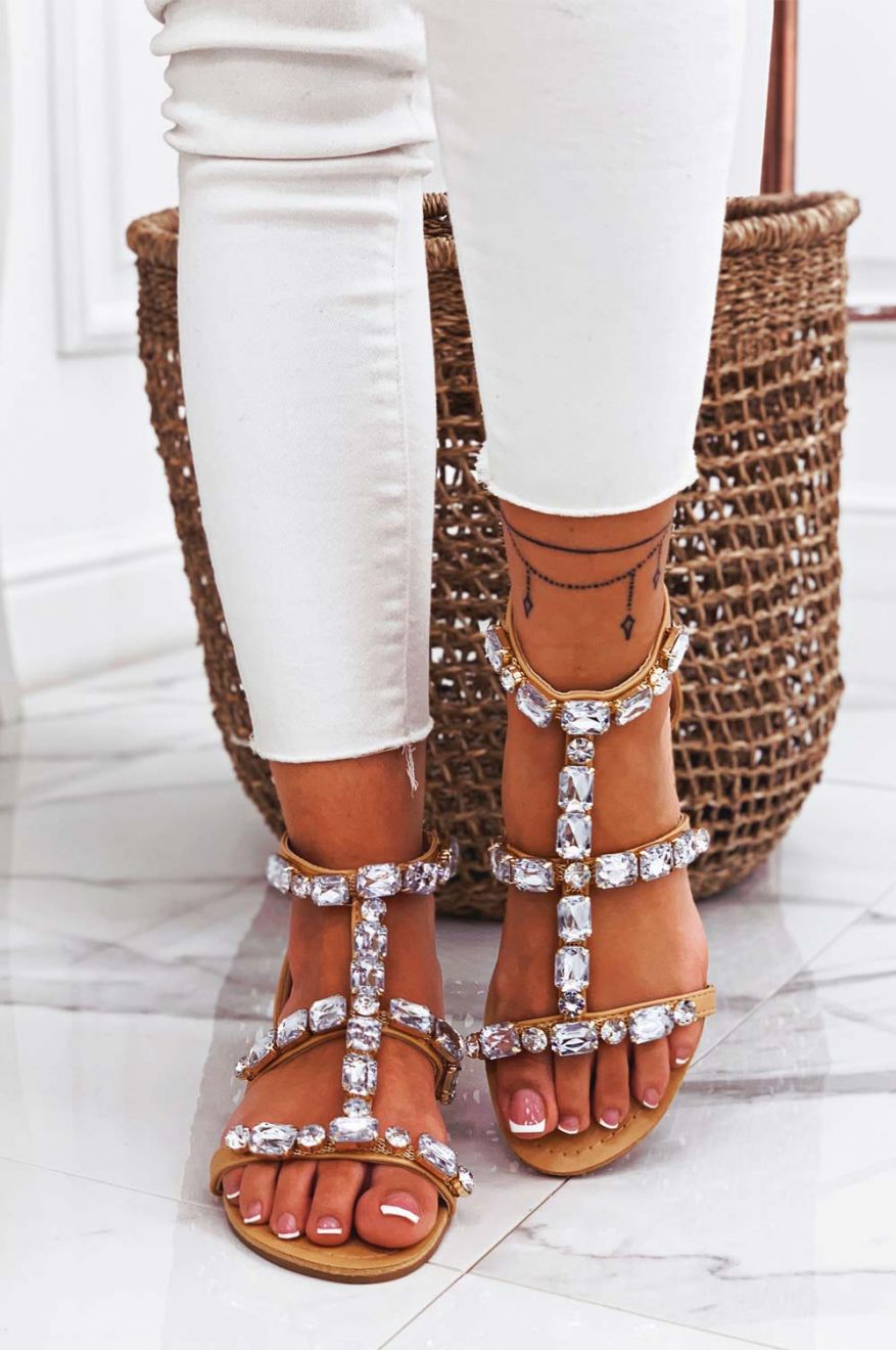 Beige jeweled flat sandals