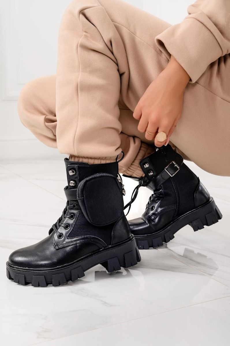 Black combat ankle boots with laces and removable pouch