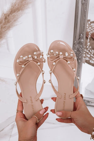 LISBON - Beige rubber beach flip-flop sandals with bow and pearls
